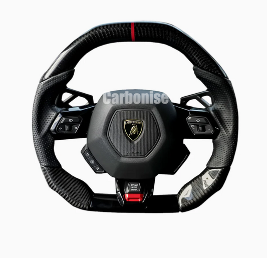 Carbonise Lamborghini carbon fiber steering wheel with perforated leather grips and red center stripe
