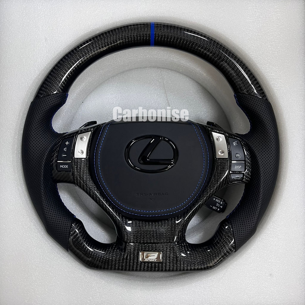 Carbonise Lexus carbon fiber steering wheel with black perforated leather grip and blue center stripe