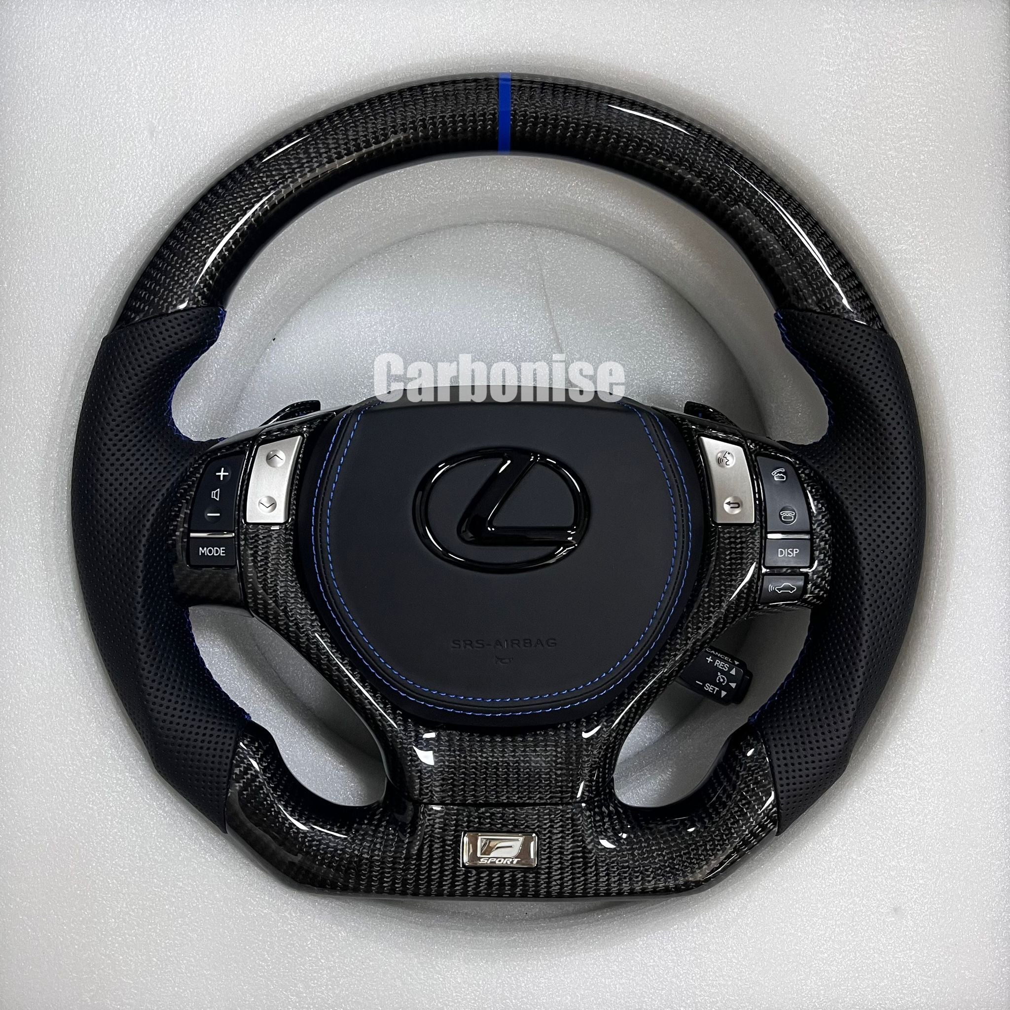 Carbonise Lexus carbon fiber steering wheel with black perforated leather grip and blue center stripe