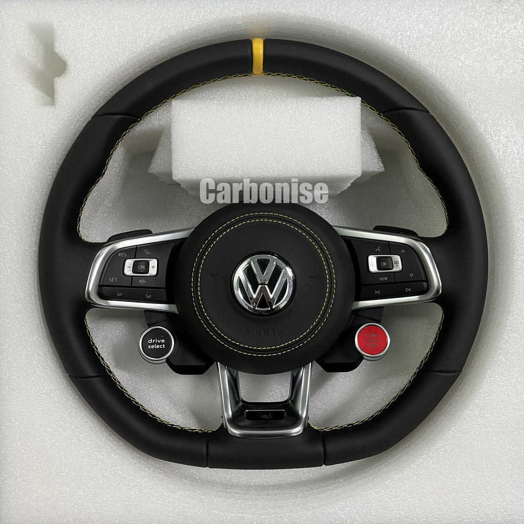 Custom Volkswagen performance steering wheel featuring a full black leather wrap, yellow top racing stripe, and integrated R8-style red start/stop buttons.